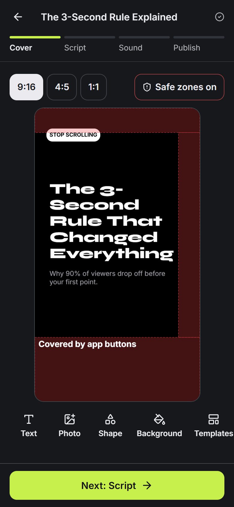 Cover editor with safe zones on, marking the area covered by app buttons
