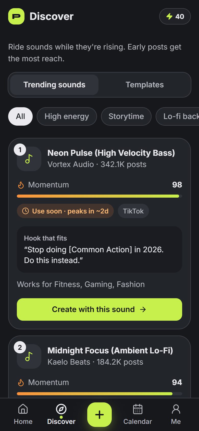 Trending sounds ranked by momentum, with a hook that fits each one